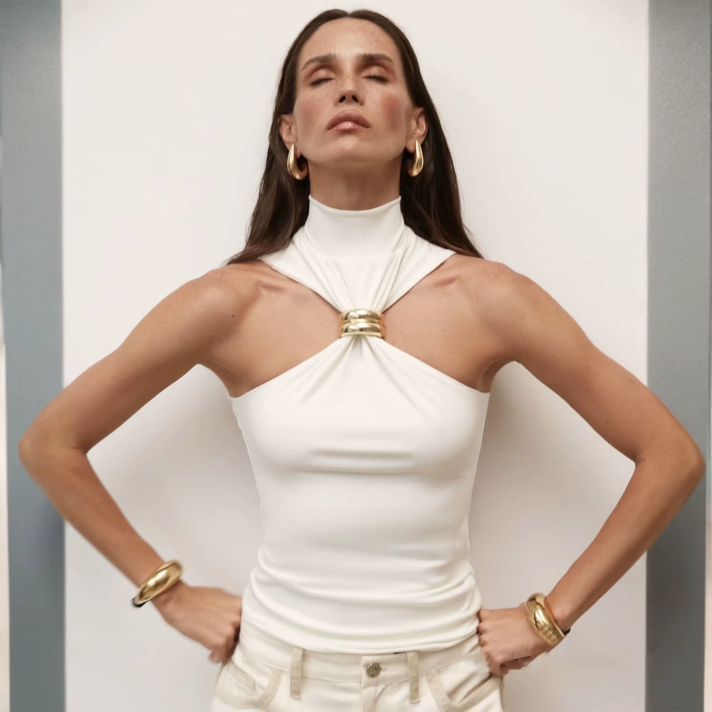 Basic Knit Turtleneck Camisole - Women’s Sleeveless Ribbed Crop Top with Metal Ring