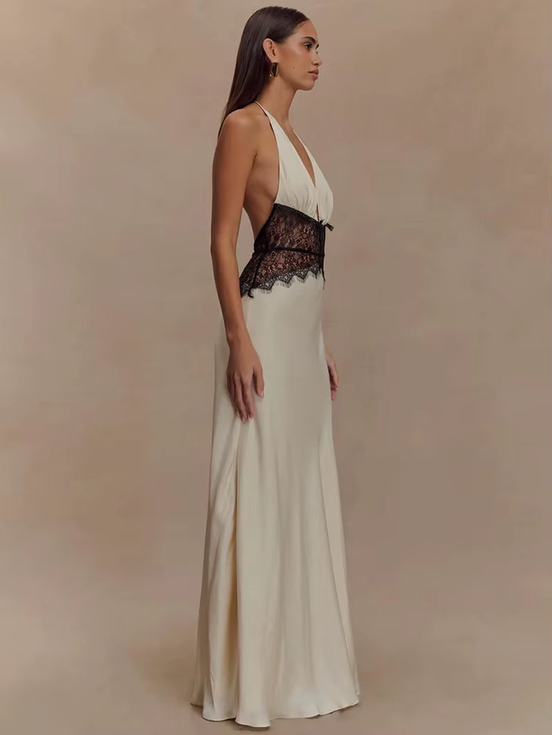 Romantic Allure: Deep V Backless Lace Gown for Summer Evenings