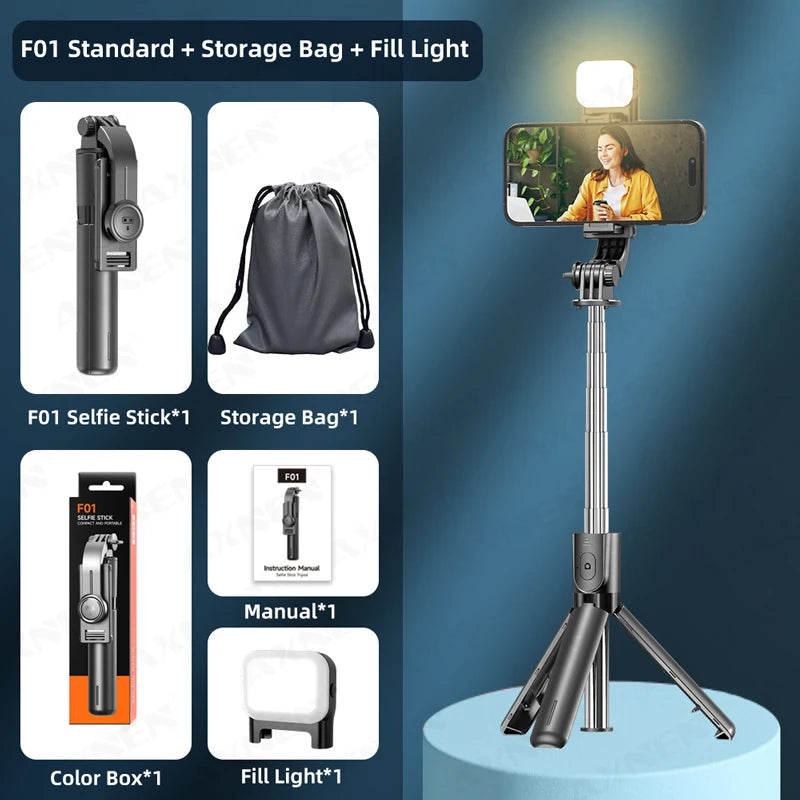 Bluetooth Selfie Stick Tripod Stand with Phone Holder & Wireless Remote | Portable Desktop Tripod for iPhone & Android | Optional Fill Light