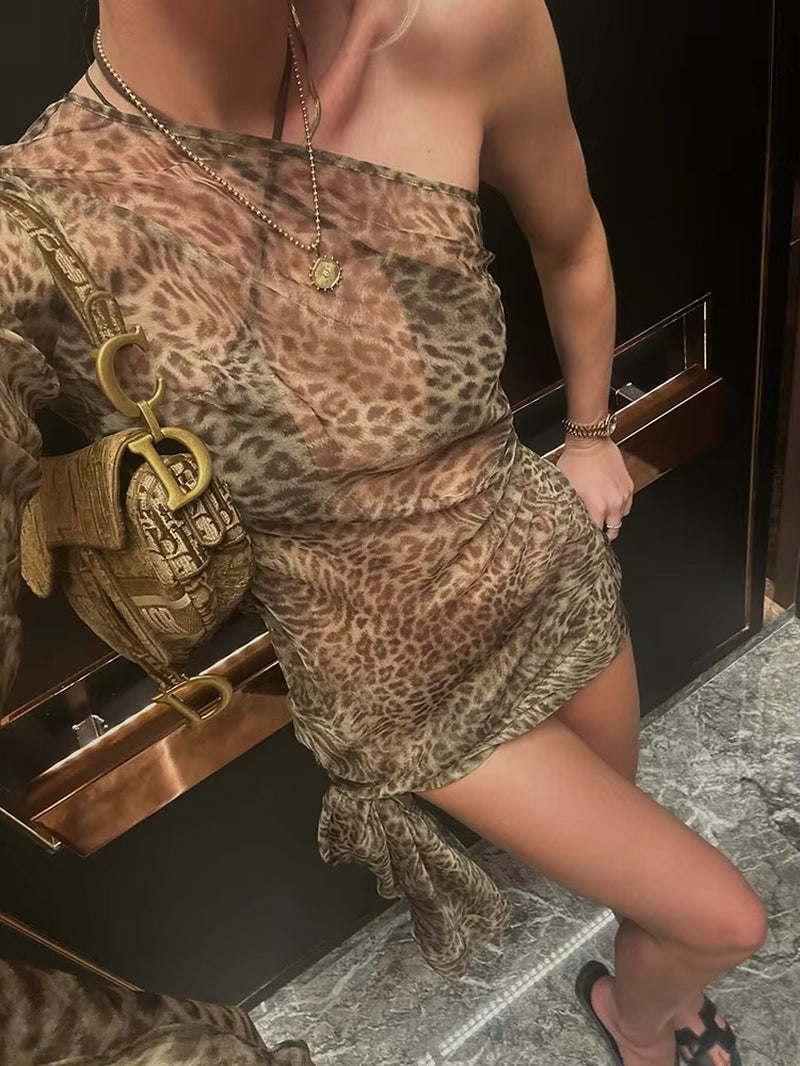 Women’s Leopard One Shoulder Long Dress - Backless Maxi for Club, Party, or Vacation