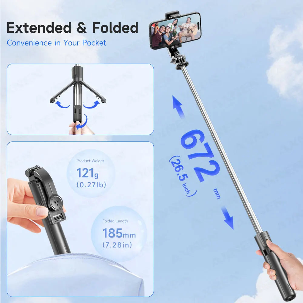 Bluetooth Selfie Stick Tripod Stand with Phone Holder & Wireless Remote | Portable Desktop Tripod for iPhone & Android | Optional Fill Light