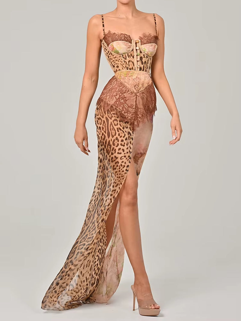 Sexy Leopard Lace Maxi Dress – Sleeveless Split Backless Chiffon Evening Party Gown for Women