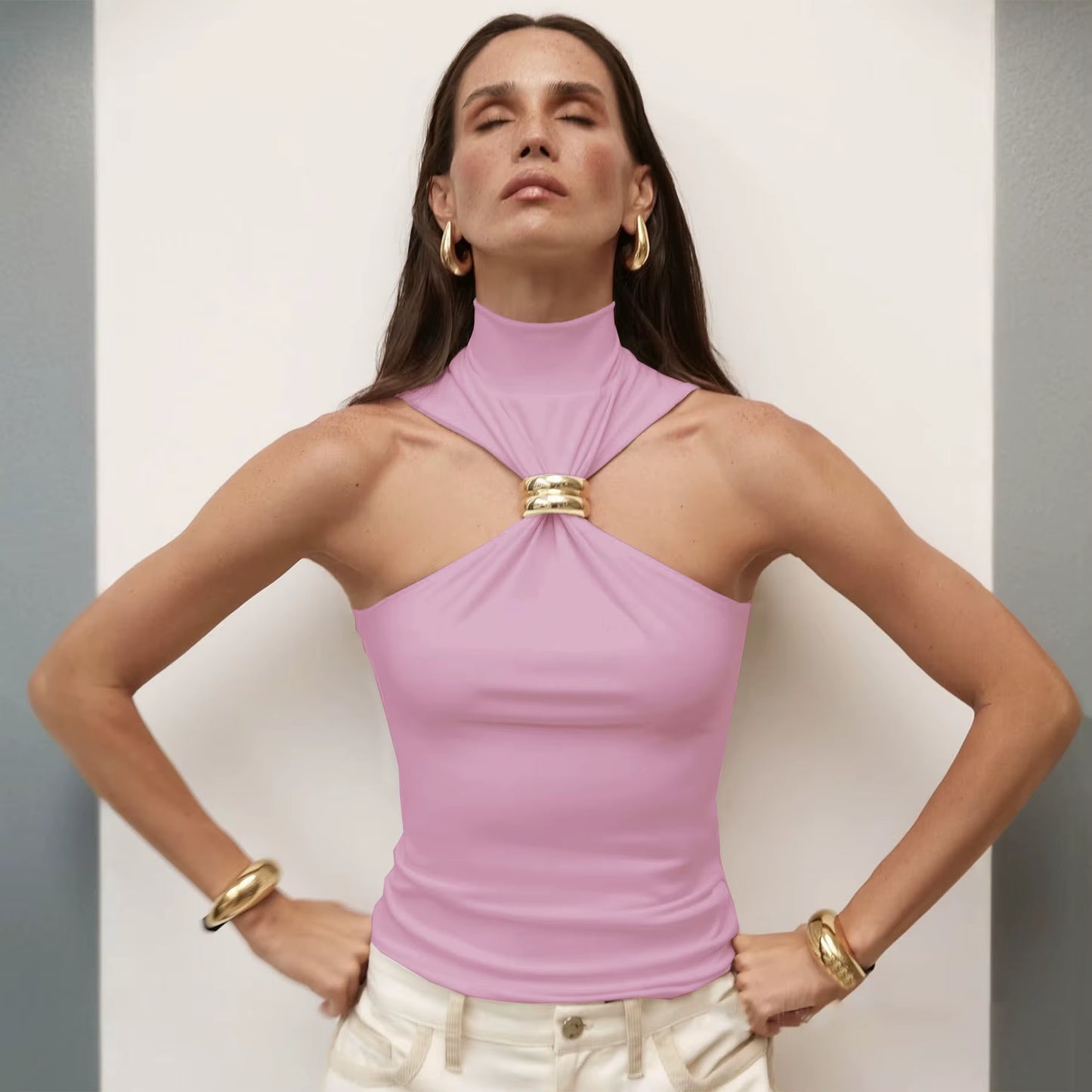 Basic Knit Turtleneck Camisole - Women’s Sleeveless Ribbed Crop Top with Metal Ring