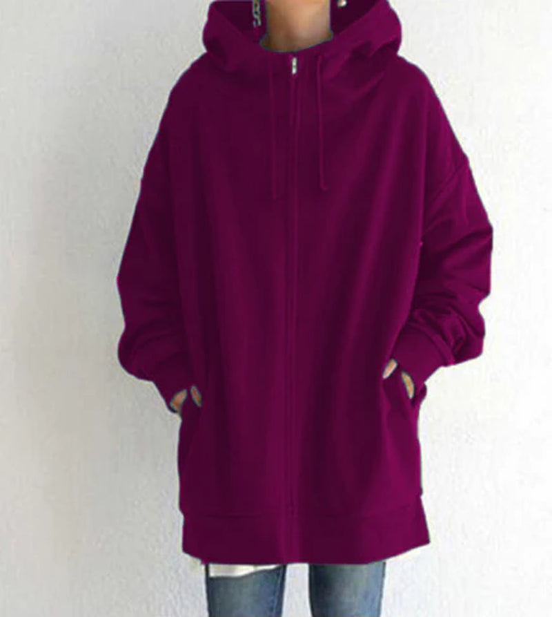 Luxury Oversized Velvet Hoodie Coat – Elegant Long Zippered Sweatshirt with Tie Collar for Women, Autumn Collection