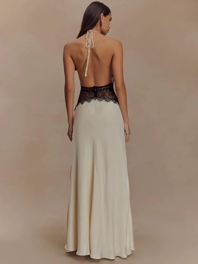 Romantic Allure: Deep V Backless Lace Gown for Summer Evenings