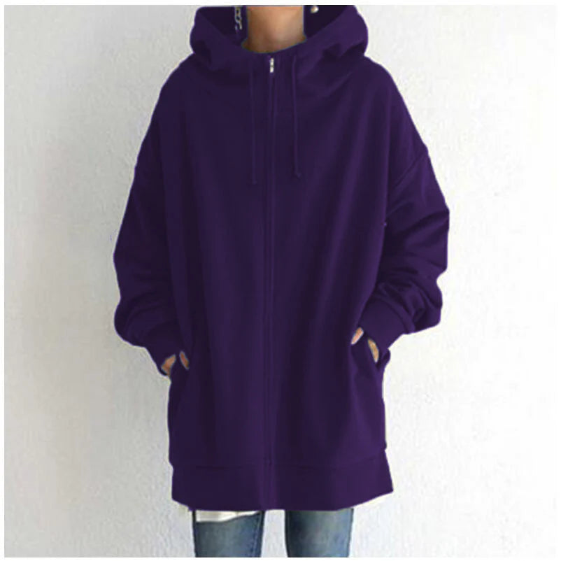 Luxury Oversized Velvet Hoodie Coat – Elegant Long Zippered Sweatshirt with Tie Collar for Women, Autumn Collection