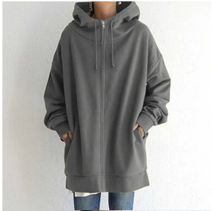 Luxury Oversized Velvet Hoodie Coat – Elegant Long Zippered Sweatshirt with Tie Collar for Women, Autumn Collection