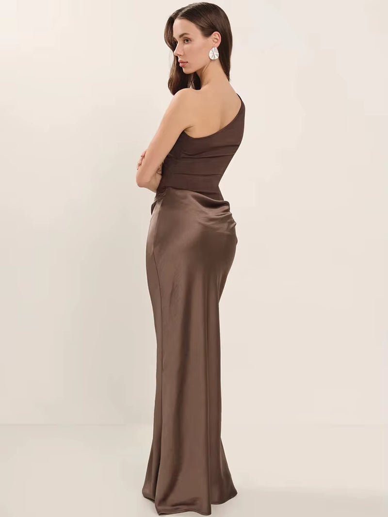 Women’s Satin Patchwork Maxi Dress - One Shoulder Backless Bodycon Evening Gown