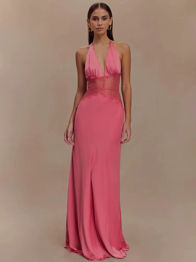 Romantic Allure: Deep V Backless Lace Gown for Summer Evenings
