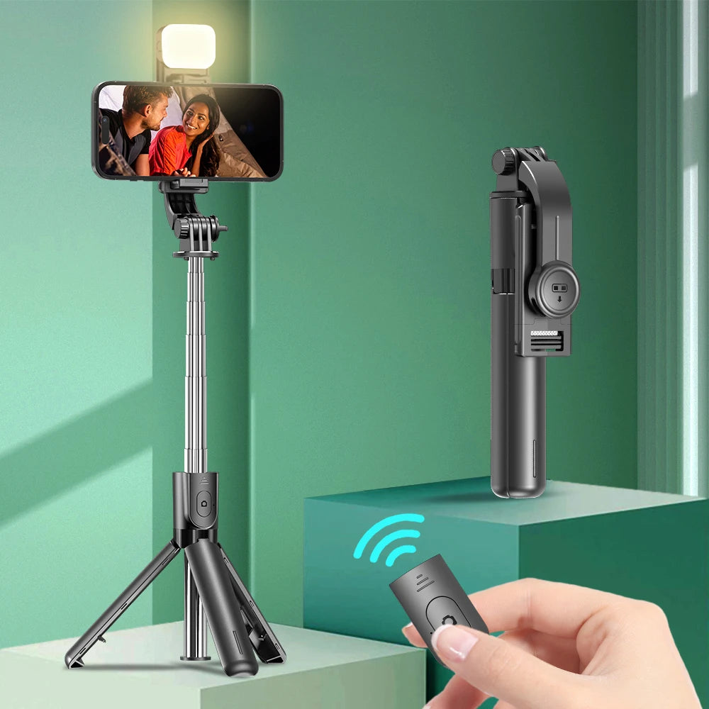 Bluetooth Selfie Stick Tripod Stand with Phone Holder & Wireless Remote | Portable Desktop Tripod for iPhone & Android | Optional Fill Light