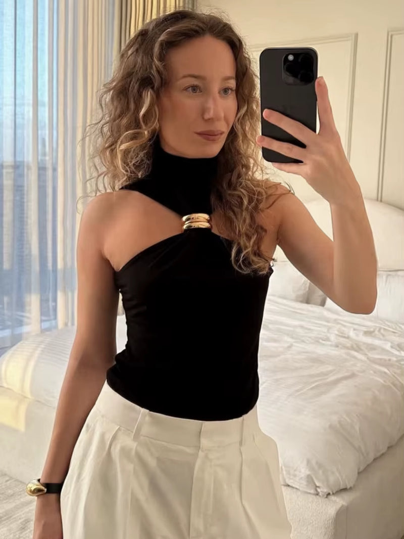Basic Knit Turtleneck Camisole - Women’s Sleeveless Ribbed Crop Top with Metal Ring