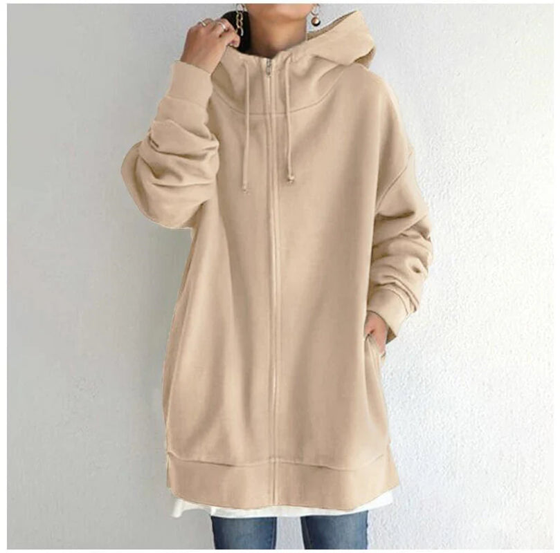 Luxury Oversized Velvet Hoodie Coat – Elegant Long Zippered Sweatshirt with Tie Collar for Women, Autumn Collection