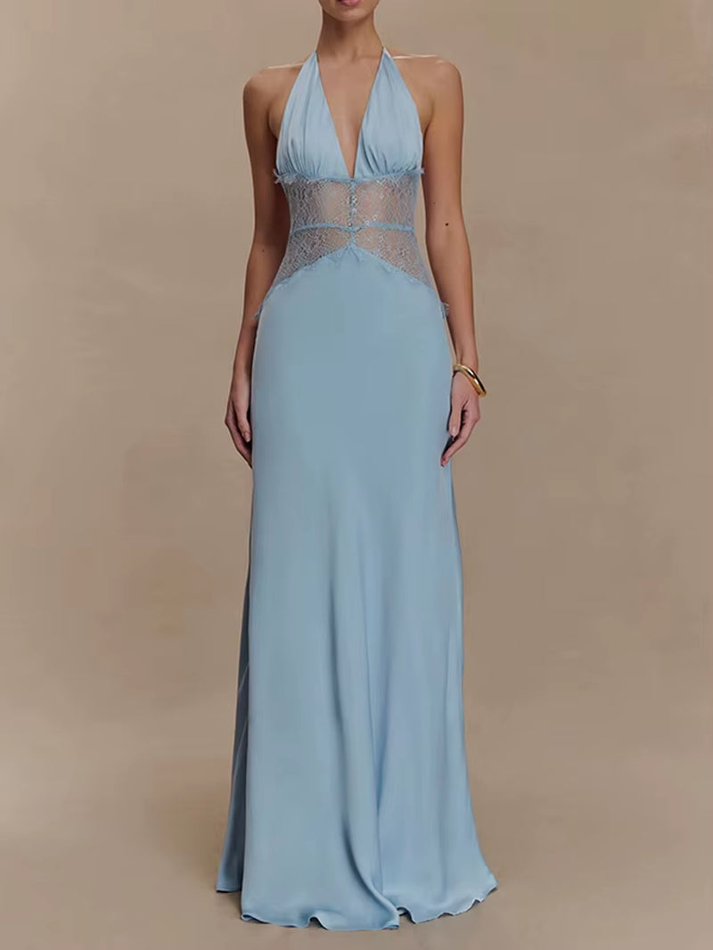 Romantic Allure: Deep V Backless Lace Gown for Summer Evenings