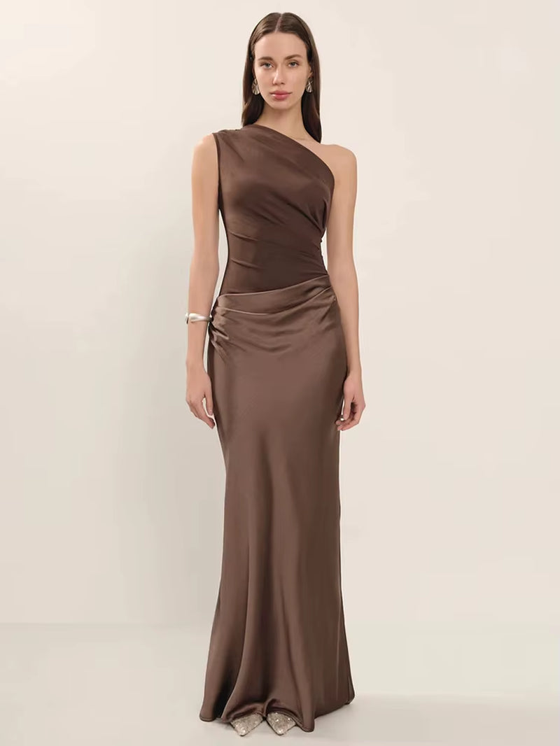 Women’s Satin Patchwork Maxi Dress - One Shoulder Backless Bodycon Evening Gown