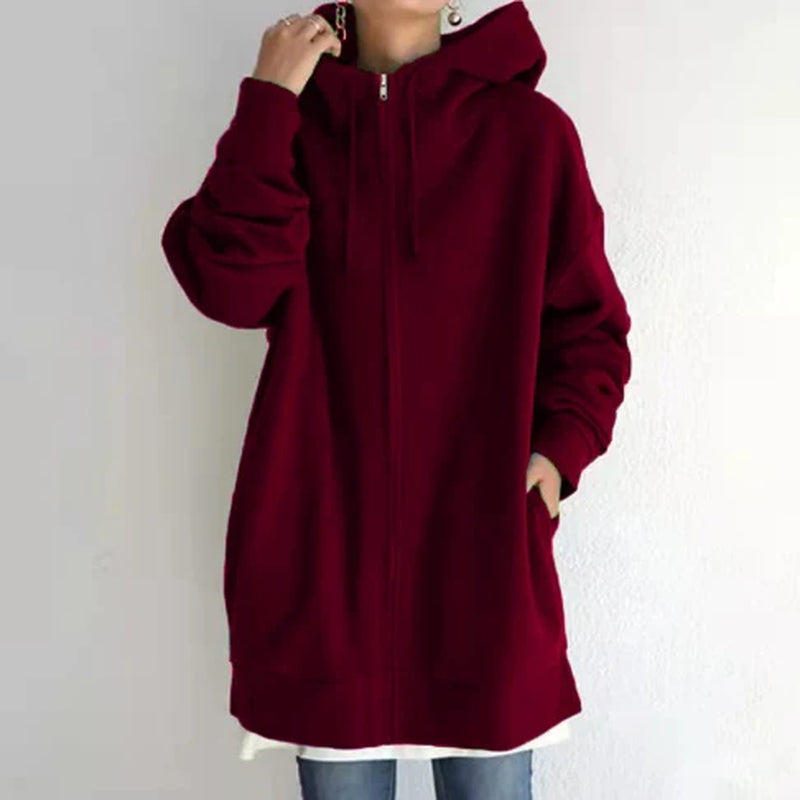 Luxury Oversized Velvet Hoodie Coat – Elegant Long Zippered Sweatshirt with Tie Collar for Women, Autumn Collection