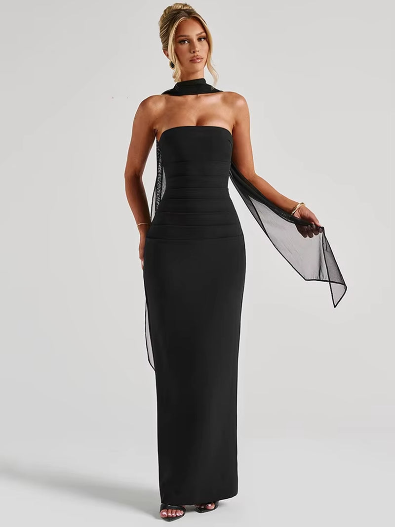 Sexy Strapless Maxi Dress for Women - Scarf Collar, Backless, Bodycon Long Club Dress