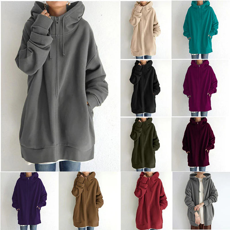 Luxury Oversized Velvet Hoodie Coat – Elegant Long Zippered Sweatshirt with Tie Collar for Women, Autumn Collection