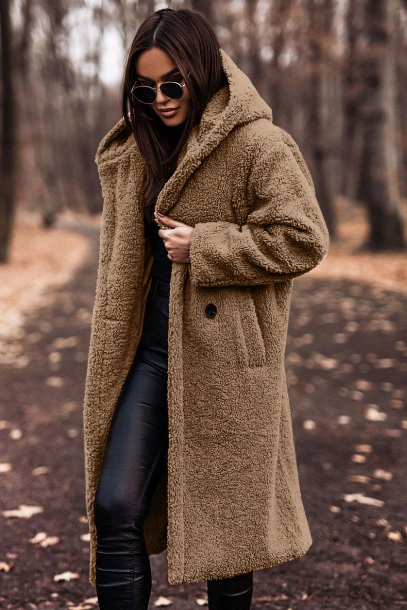 Women’s Elegant Long Plush Coat, Premium Faux Fleece Teddy Outerwear for Autumn and Winter