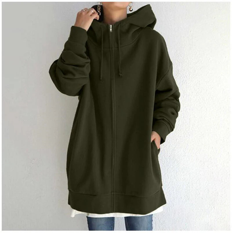 Luxury Oversized Velvet Hoodie Coat – Elegant Long Zippered Sweatshirt with Tie Collar for Women, Autumn Collection