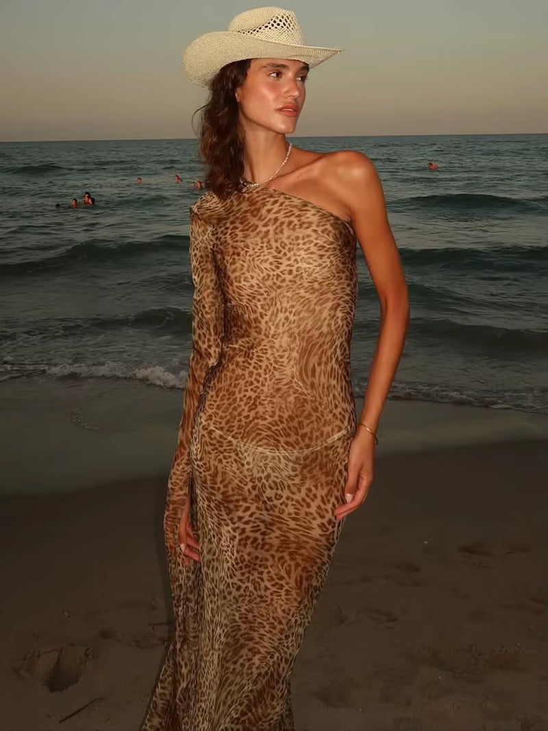 Women’s Leopard One Shoulder Long Dress - Backless Maxi for Club, Party, or Vacation