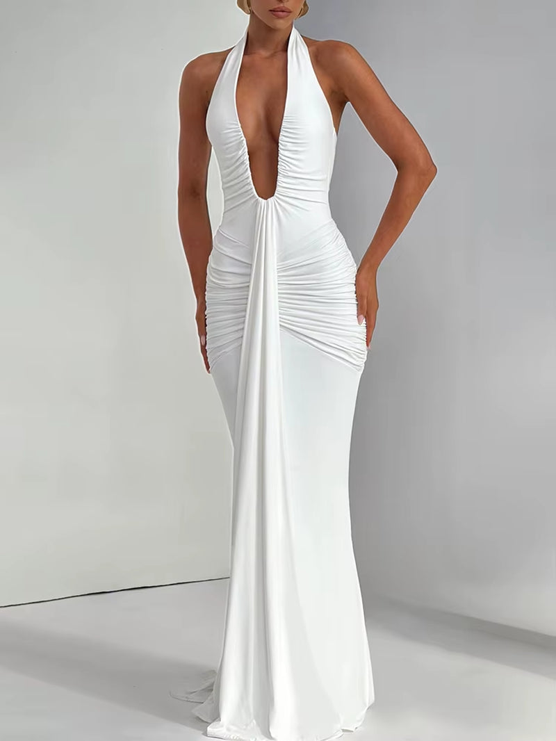 Women’s Deep V-Neck Ruched Maxi Dress – Halter Backless Sleeveless Summer Party Dress