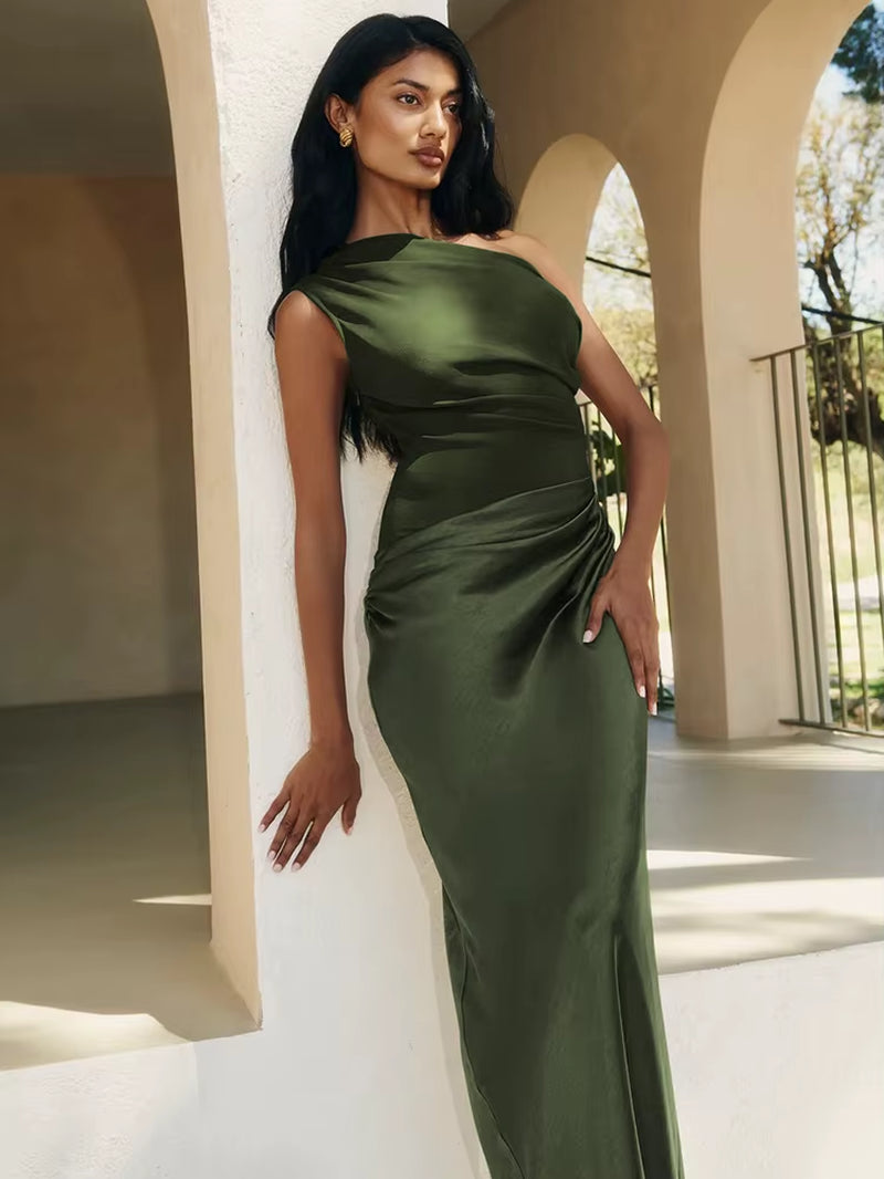 Women’s Satin Patchwork Maxi Dress - One Shoulder Backless Bodycon Evening Gown