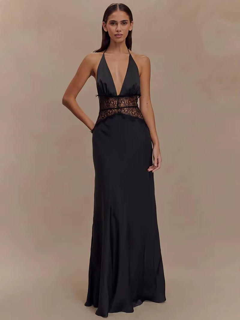 Romantic Allure: Deep V Backless Lace Gown for Summer Evenings