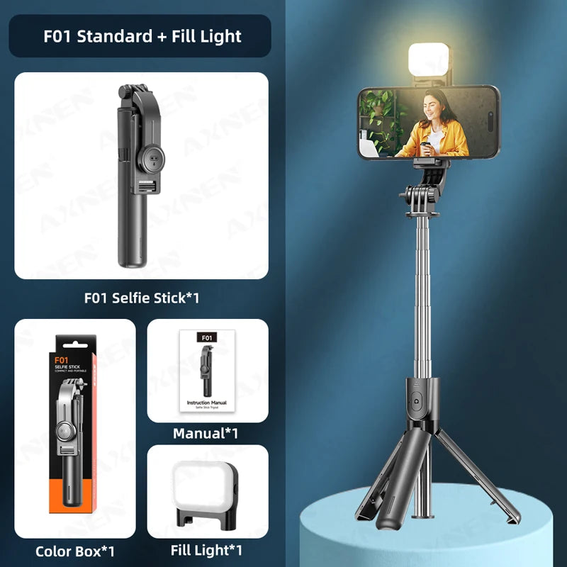 Bluetooth Selfie Stick Tripod Stand with Phone Holder & Wireless Remote | Portable Desktop Tripod for iPhone & Android | Optional Fill Light