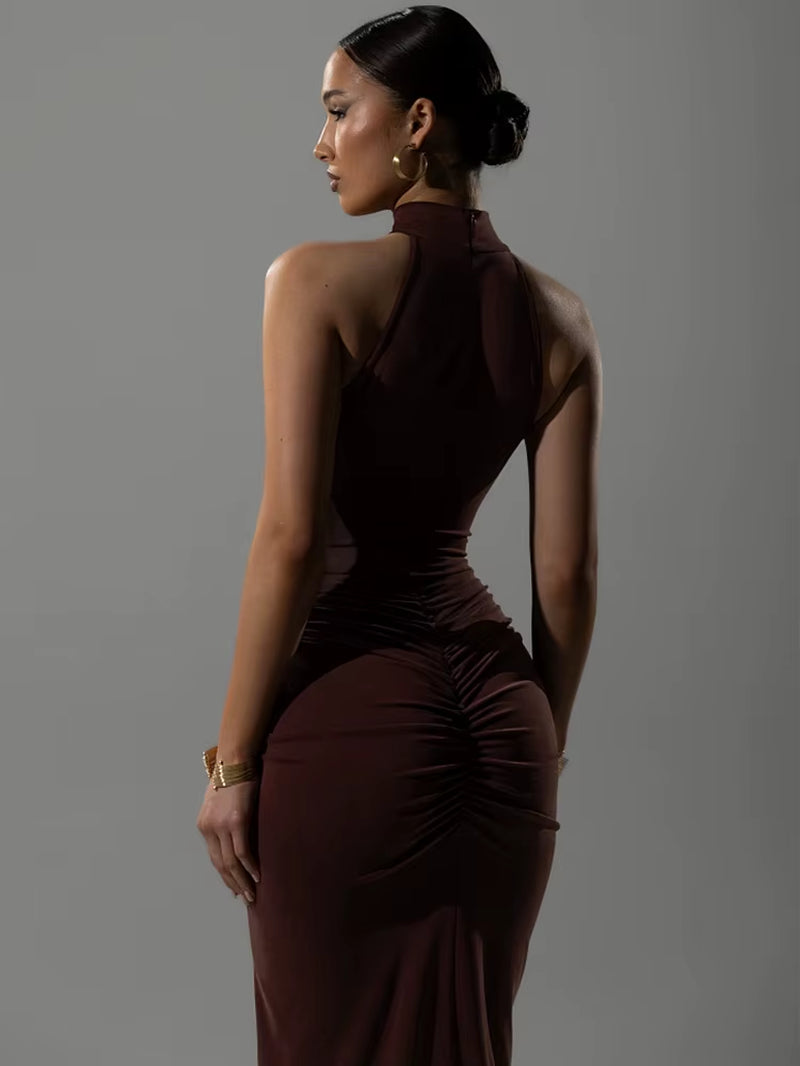 Women’s Halter Ruched Maxi Dress – Sleeveless High Waist Split Bodycon Evening Party Gown