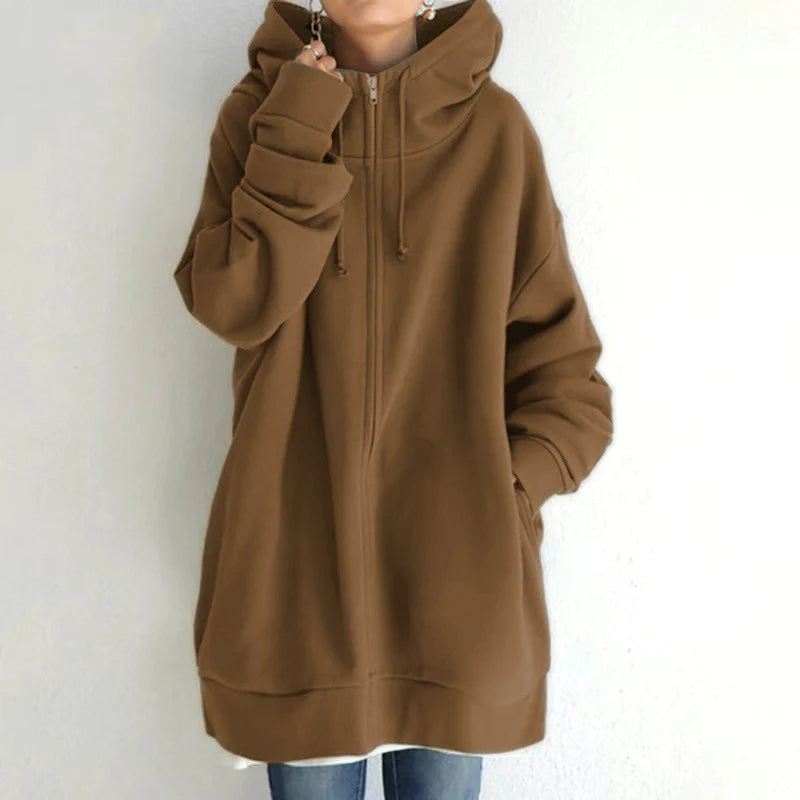 Luxury Oversized Velvet Hoodie Coat – Elegant Long Zippered Sweatshirt with Tie Collar for Women, Autumn Collection