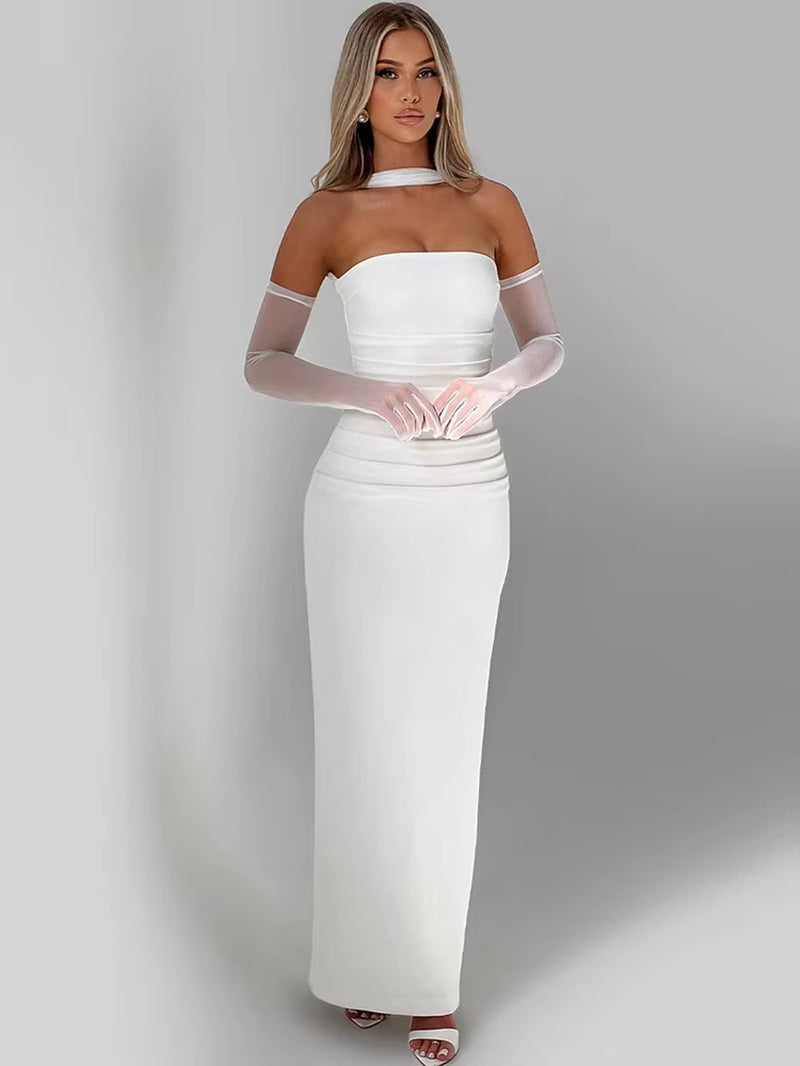 Sexy Strapless Maxi Dress for Women - Scarf Collar, Backless, Bodycon Long Club Dress