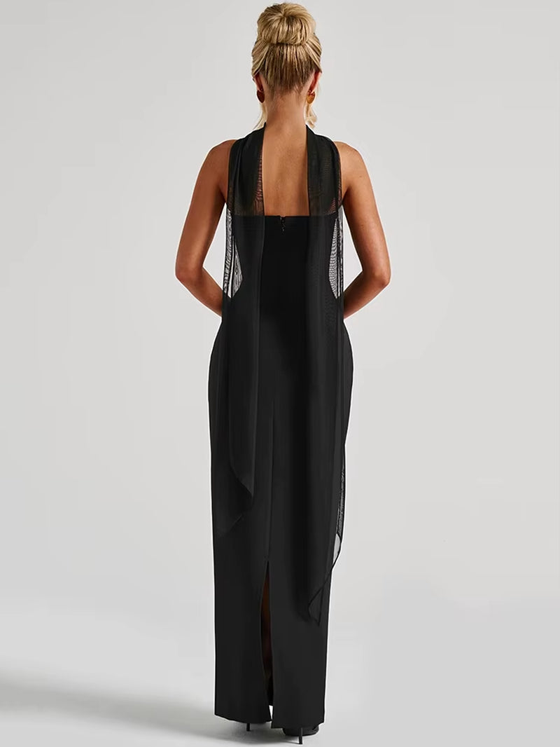 Sexy Strapless Maxi Dress for Women - Scarf Collar, Backless, Bodycon Long Club Dress