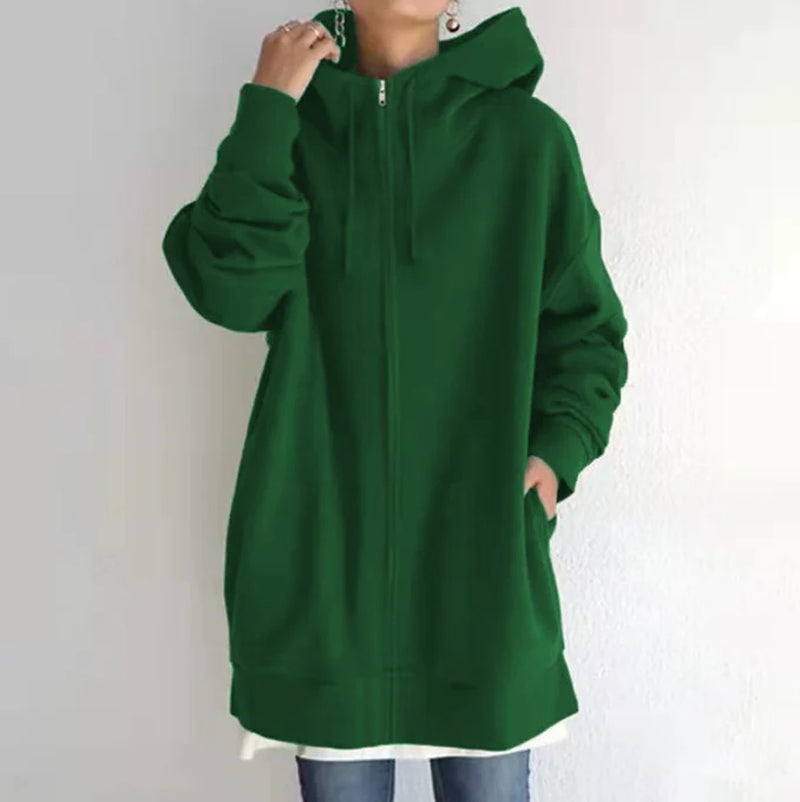 Luxury Oversized Velvet Hoodie Coat – Elegant Long Zippered Sweatshirt with Tie Collar for Women, Autumn Collection