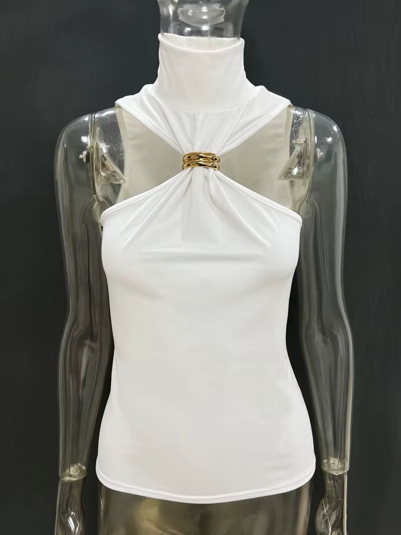 Basic Knit Turtleneck Camisole - Women’s Sleeveless Ribbed Crop Top with Metal Ring