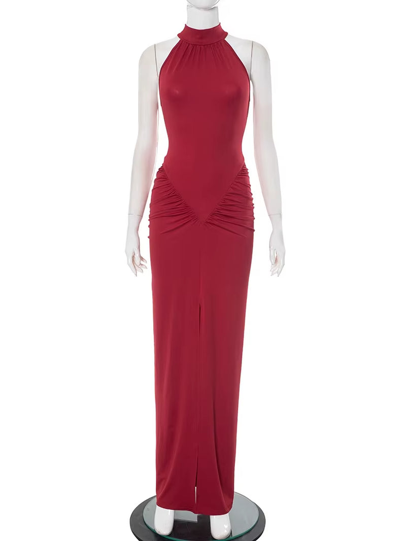 Women’s Halter Ruched Maxi Dress – Sleeveless High Waist Split Bodycon Evening Party Gown