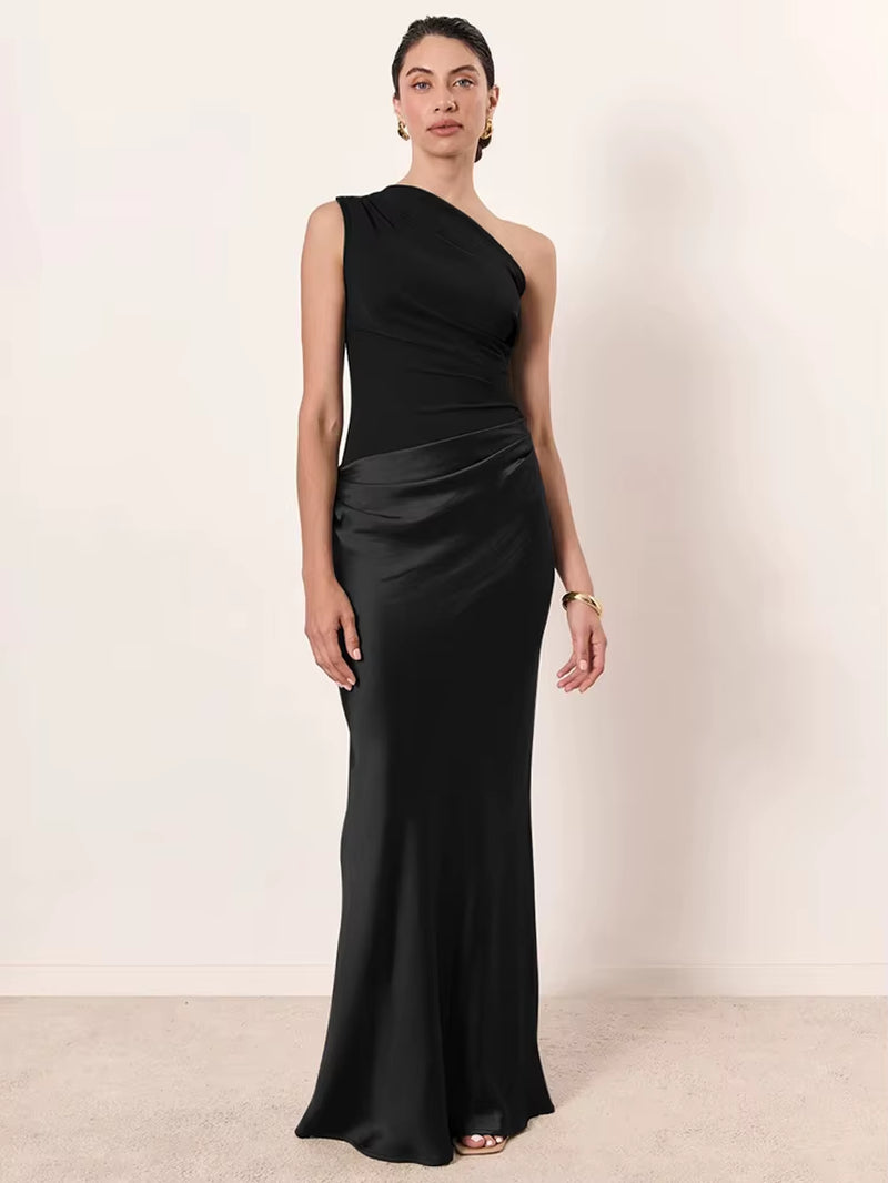 Women’s Satin Patchwork Maxi Dress - One Shoulder Backless Bodycon Evening Gown
