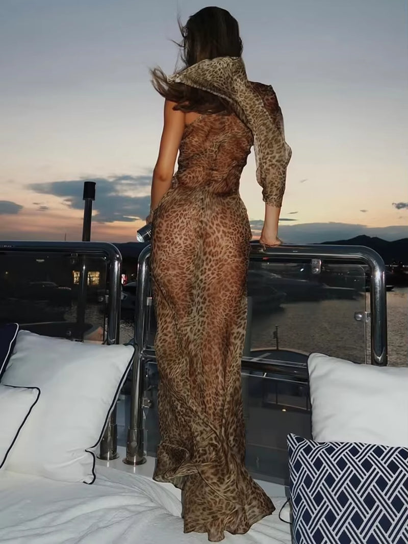 Women’s Leopard One Shoulder Long Dress - Backless Maxi for Club, Party, or Vacation