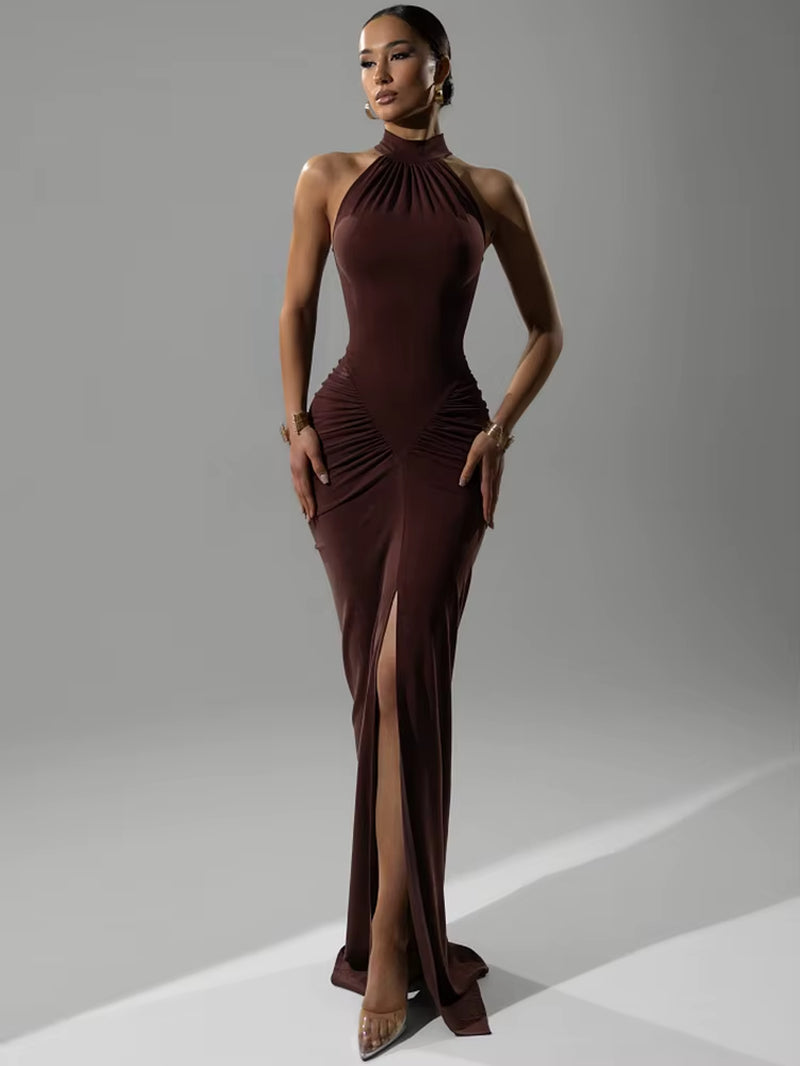 Women’s Halter Ruched Maxi Dress – Sleeveless High Waist Split Bodycon Evening Party Gown