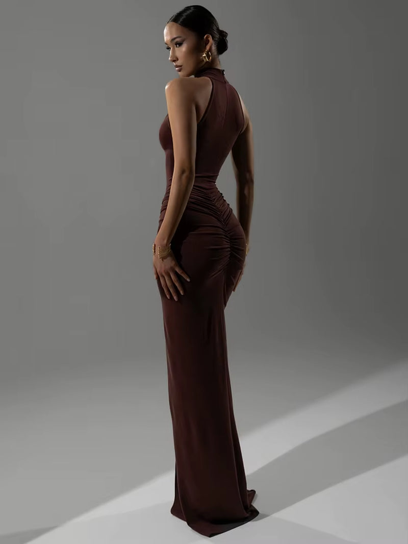 Women’s Halter Ruched Maxi Dress – Sleeveless High Waist Split Bodycon Evening Party Gown