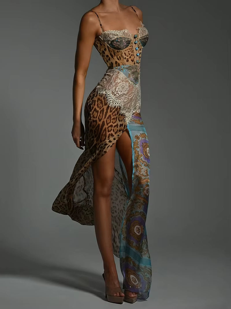 Sexy Leopard Lace Maxi Dress – Sleeveless Split Backless Chiffon Evening Party Gown for Women