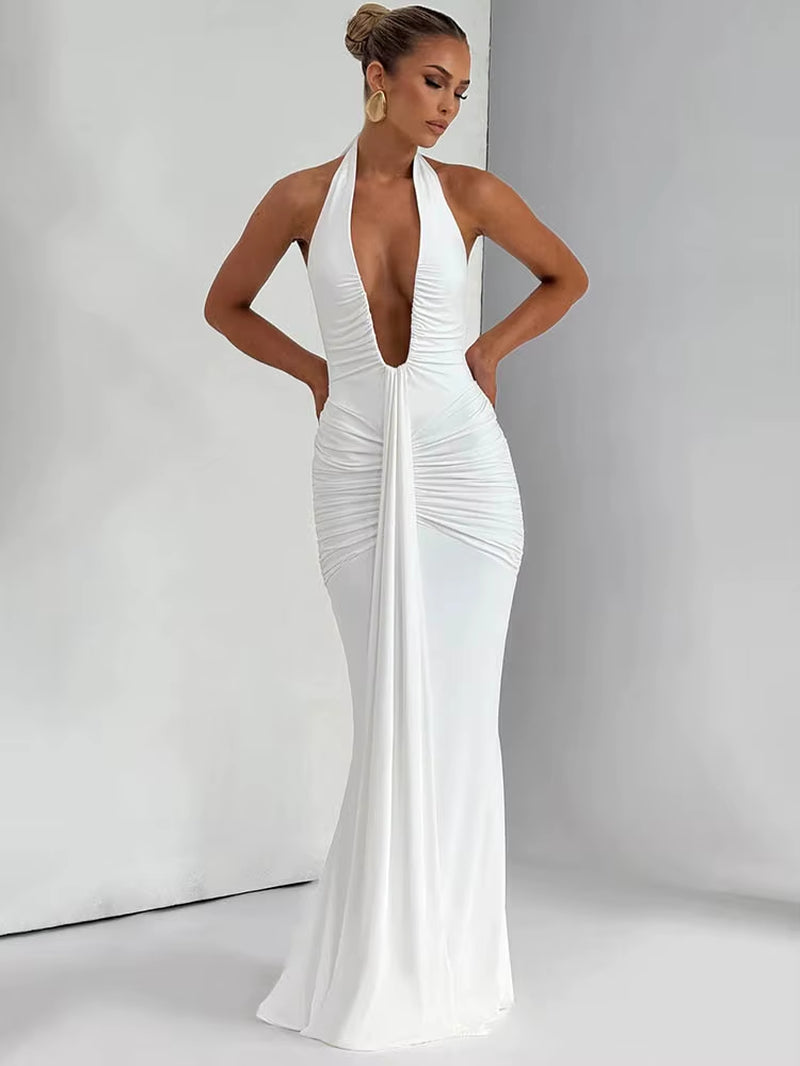 Women’s Deep V-Neck Ruched Maxi Dress – Halter Backless Sleeveless Summer Party Dress