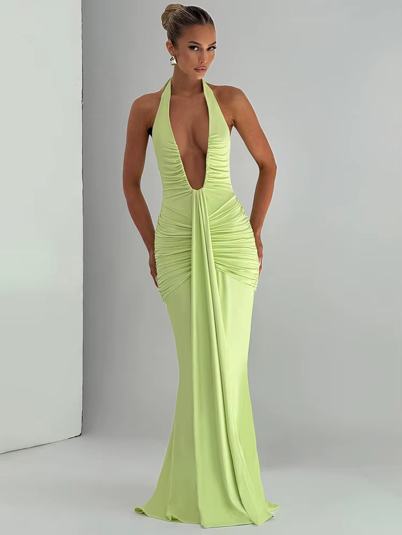 Women’s Deep V-Neck Ruched Maxi Dress – Halter Backless Sleeveless Summer Party Dress