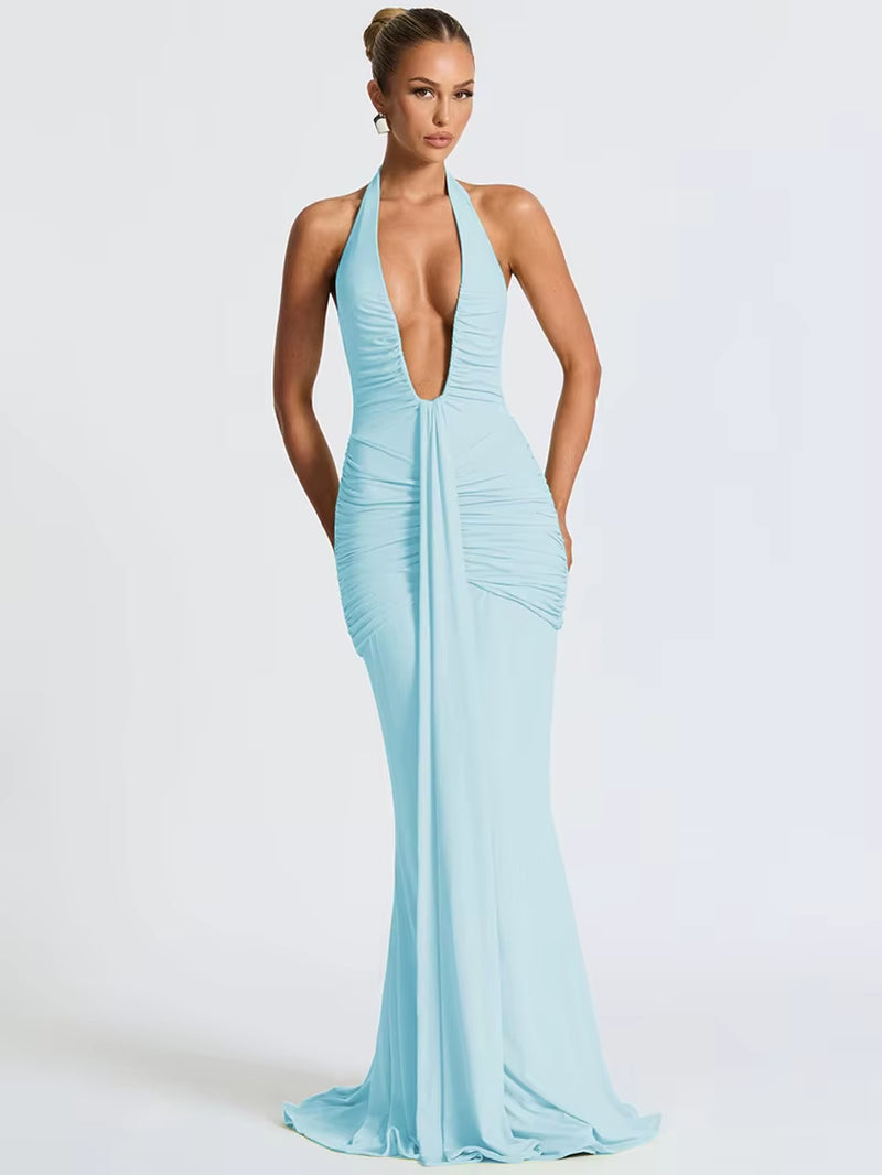 Women’s Deep V-Neck Ruched Maxi Dress – Halter Backless Sleeveless Summer Party Dress