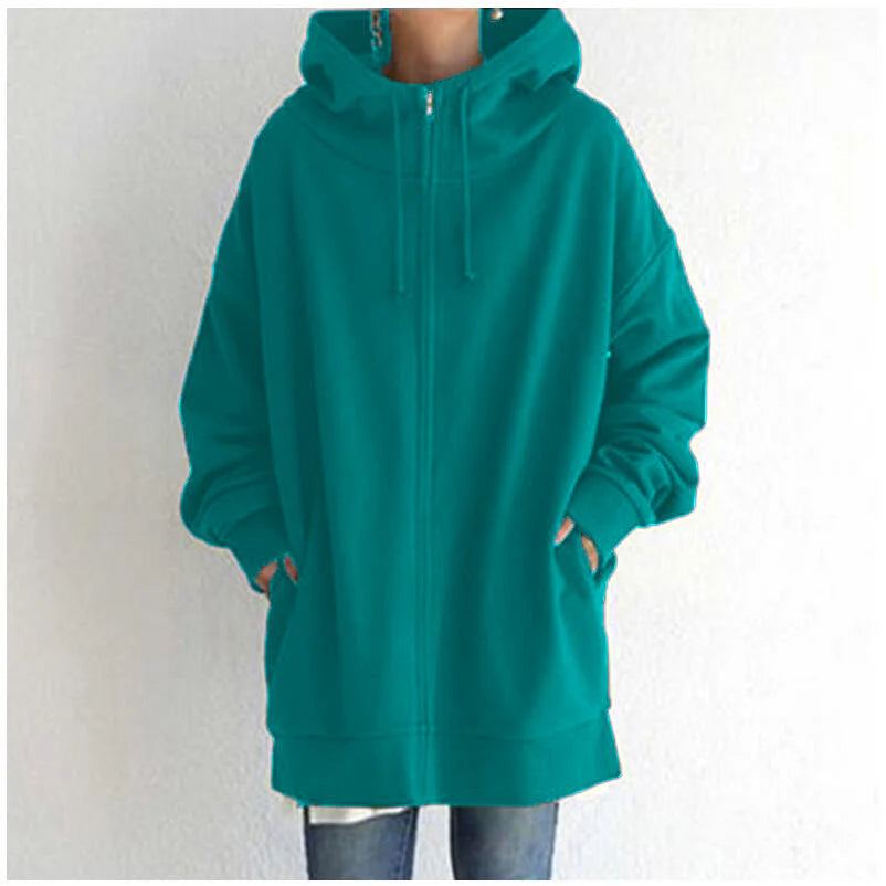 Luxury Oversized Velvet Hoodie Coat – Elegant Long Zippered Sweatshirt with Tie Collar for Women, Autumn Collection