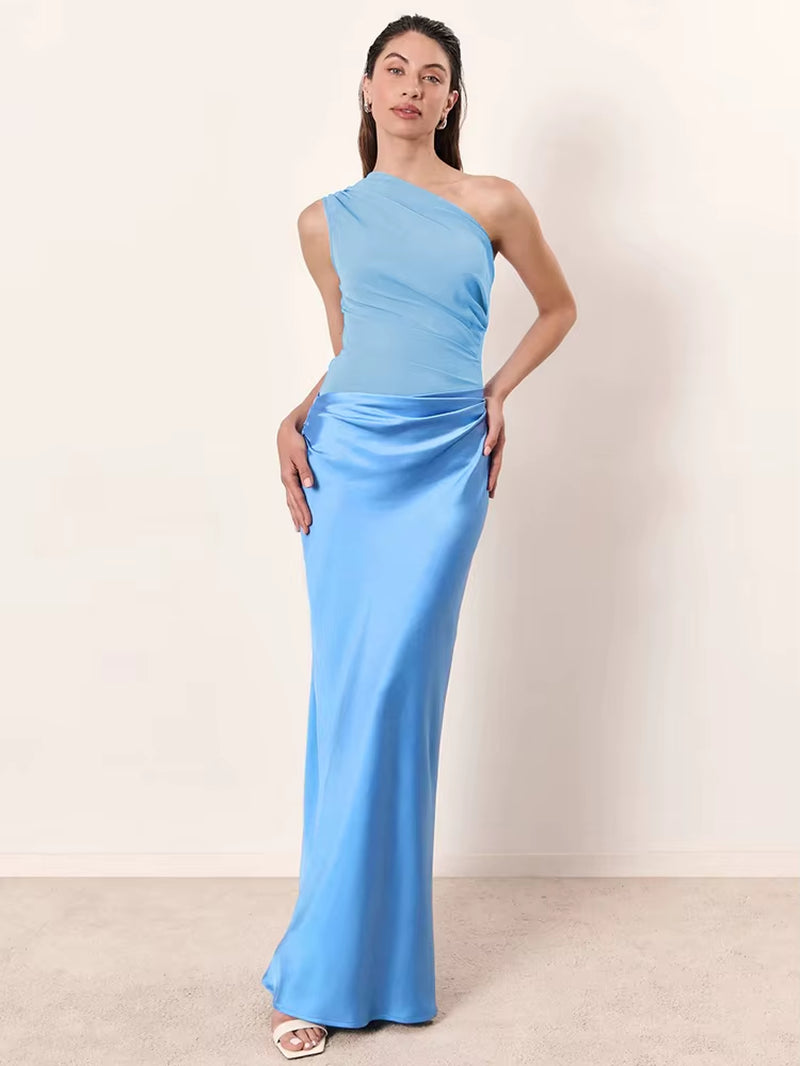 Women’s Satin Patchwork Maxi Dress - One Shoulder Backless Bodycon Evening Gown
