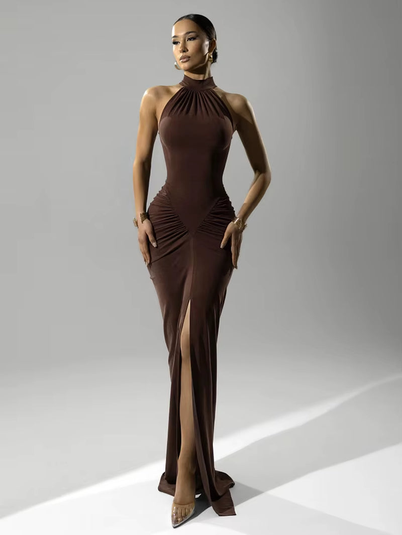 Women’s Halter Ruched Maxi Dress – Sleeveless High Waist Split Bodycon Evening Party Gown