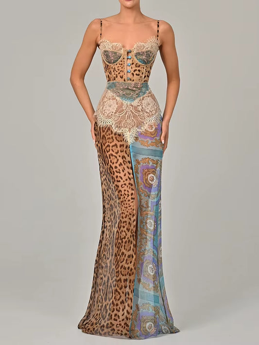 Sexy Leopard Lace Maxi Dress – Sleeveless Split Backless Chiffon Evening Party Gown for Women