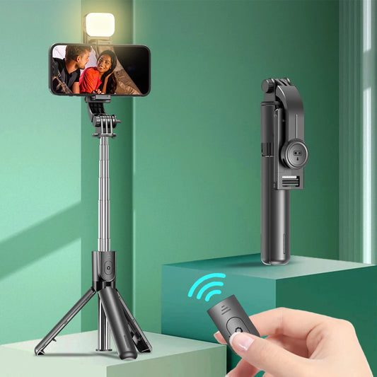 Bluetooth Selfie Stick Tripod Stand with Phone Holder & Wireless Remote | Portable Desktop Tripod for iPhone & Android | Optional Fill Light