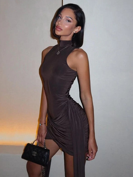 Elegant Turtleneck Mini Dress for Women – Sleeveless Ruched Tank Bodycon Party Dress
