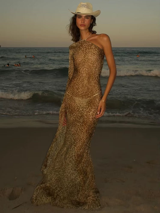Women’s Leopard One Shoulder Long Dress - Backless Maxi for Club, Party, or Vacation